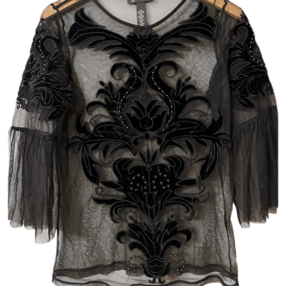 INC Black Mesh Velvet Appliqué See Through Top Blouse. Petite,Vintage,Y2K, Goth - Picture 4 of 15
